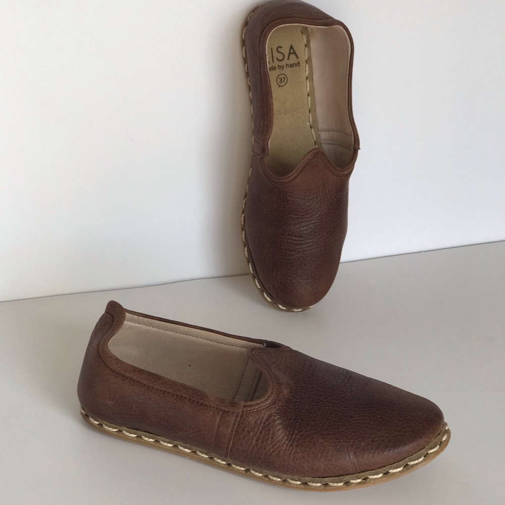 KISA Soft Chic Slip On Brown Nubuck Leather Hand Made Loafer Shoes size 37 6-6.5
